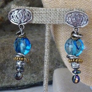 Big Bohemian Blue Boho Ocean Hippy Beaded Mixed Metal Clip On Statement Earrings